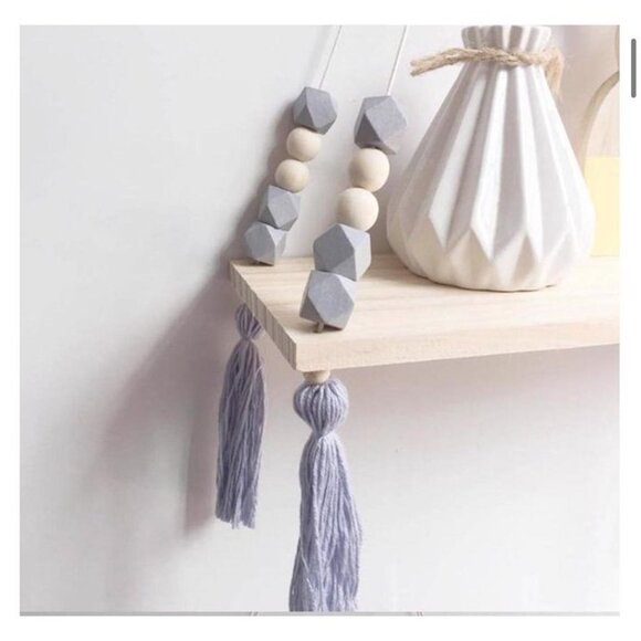 Nordic Wooden Hanging Shelf with Gray Beads and Tassels | Minimalist Boho Nurser - Picture 2 of 6